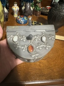 Vintage Chinese Japanese  Pewter ashtray Trike Box With Stone
