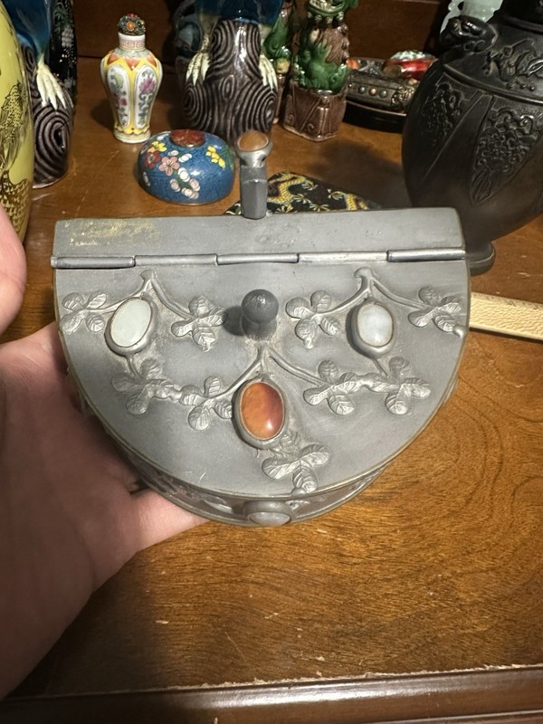 Vintage Chinese Japanese  Pewter ashtray Trike Box With Stone