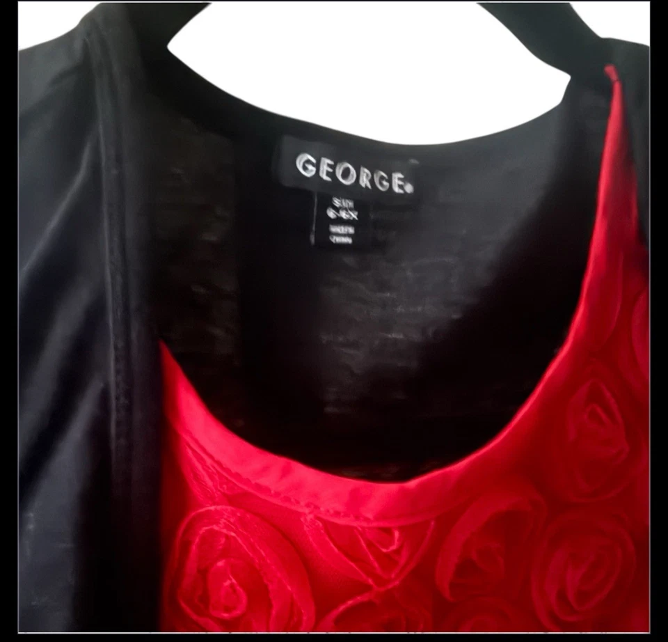 Vestido George Meninas 6-6X Preto Vermelho Laço Festa de Férias Babado Rosa Pequeno - Imagem 3 de 4