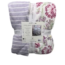 Laura Ashley Wildflower QUEEN Blanket Super Soft Plush Reversible Purple Stripes