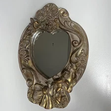 Vintage Baroque Cherub Wall Mirror Gold Gilded Resin Roses Heart Shape