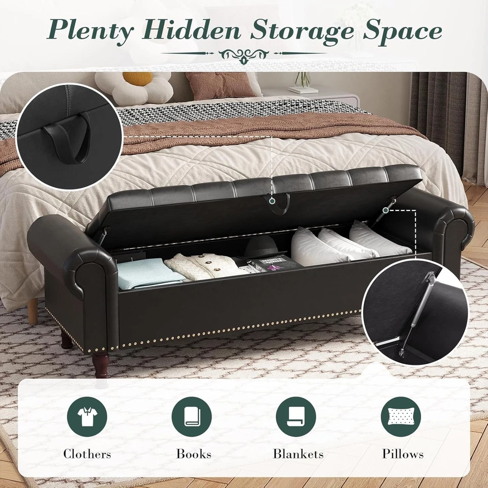 Bancos, Banco de cama de cuero sintético tamaño queen con botón acolchado, banco tapizado Foto 4 de 4