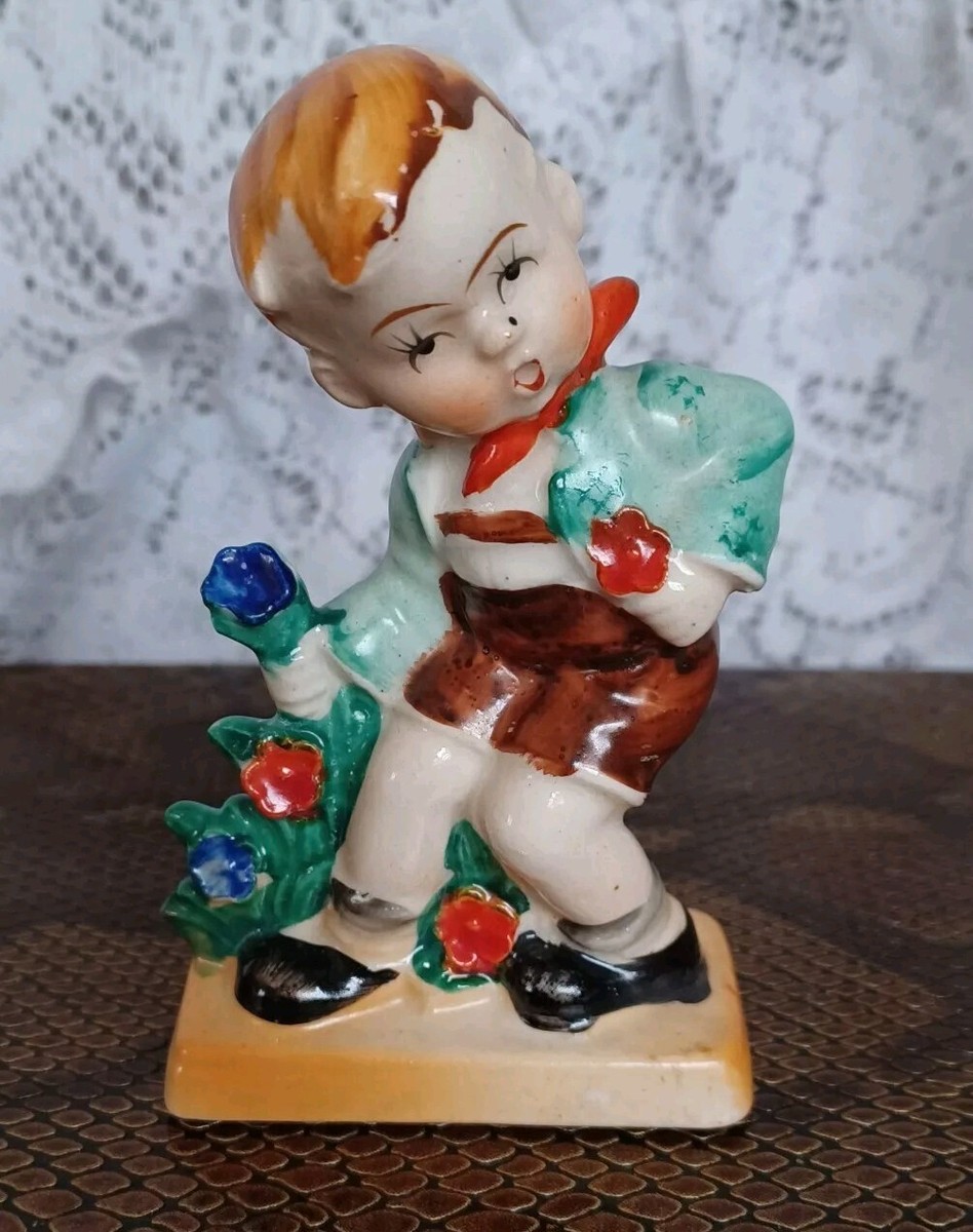 VINTAGE OCCUPIED JAPAN BOY PICKING FLOWERS HAND-PAINTED