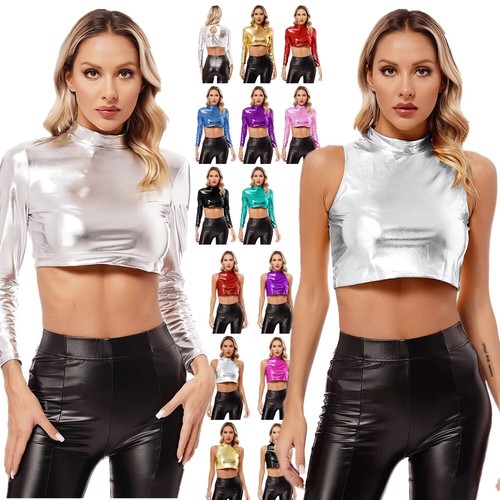 Women's Shiny Metallic Crop Top Turtleneck Disco Party T-Shirt Tops Clubwear - Picture 5 of 96