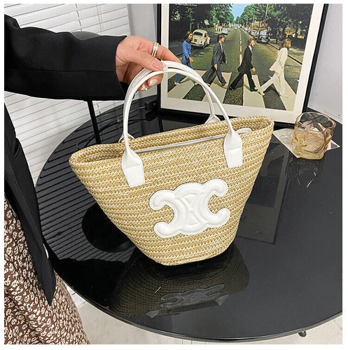 Bolso de Mano de Paja para Damas Bolso de Playa Bolso de Ratán + Banda para el Cuello de Seda Bolso de Gran Tamaño - Imagen 17 de 22