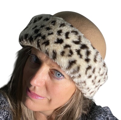 NWOT Vintage Commodore Faux Fur Leopard Print & Wool Hat For Women os camel tan