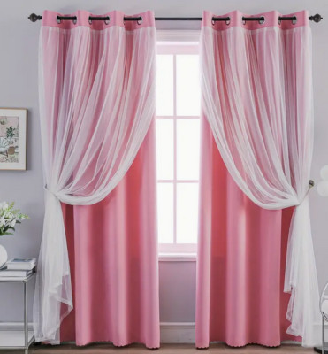 2 Stück Doppellagige Vorhänge, Dekorative Fenstervorhänge-ROSA