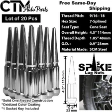20Pc 4.5" TALL CHROME 9/16-18 SPIKE LUG NUT+KEY FIT DAKOTA DURANGO RAM1500&MORE