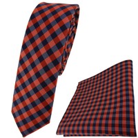 Schmale Tigertie Krawatte + Einstecktuch In Orange Marine Dunkelblau Kariert