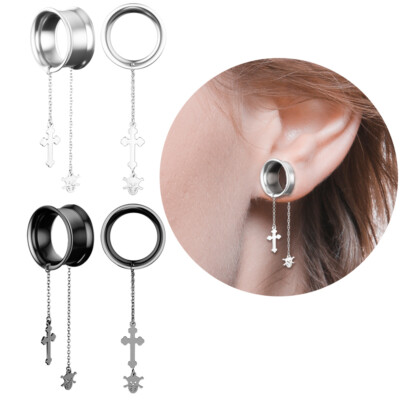Pair Surgical Steel Dangle Skull Cross Chain Ear Gauges Plug Ear
