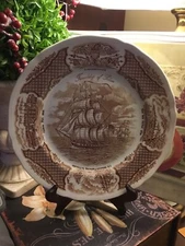 (4)PC~Meakin-FAIR WINDS~Brown Transferware~10.5” Dinner Plate/Salad & Dessert~