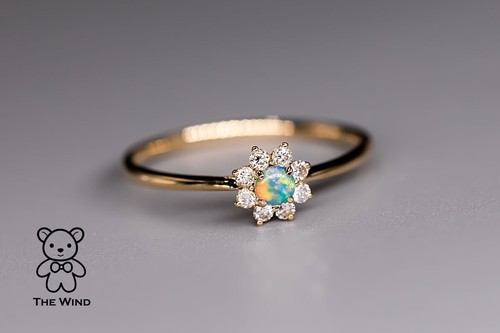 Minimalist Australian Solid Opal Diamond Hola Ring 18K Yellow Gold - Picture 7 of 9