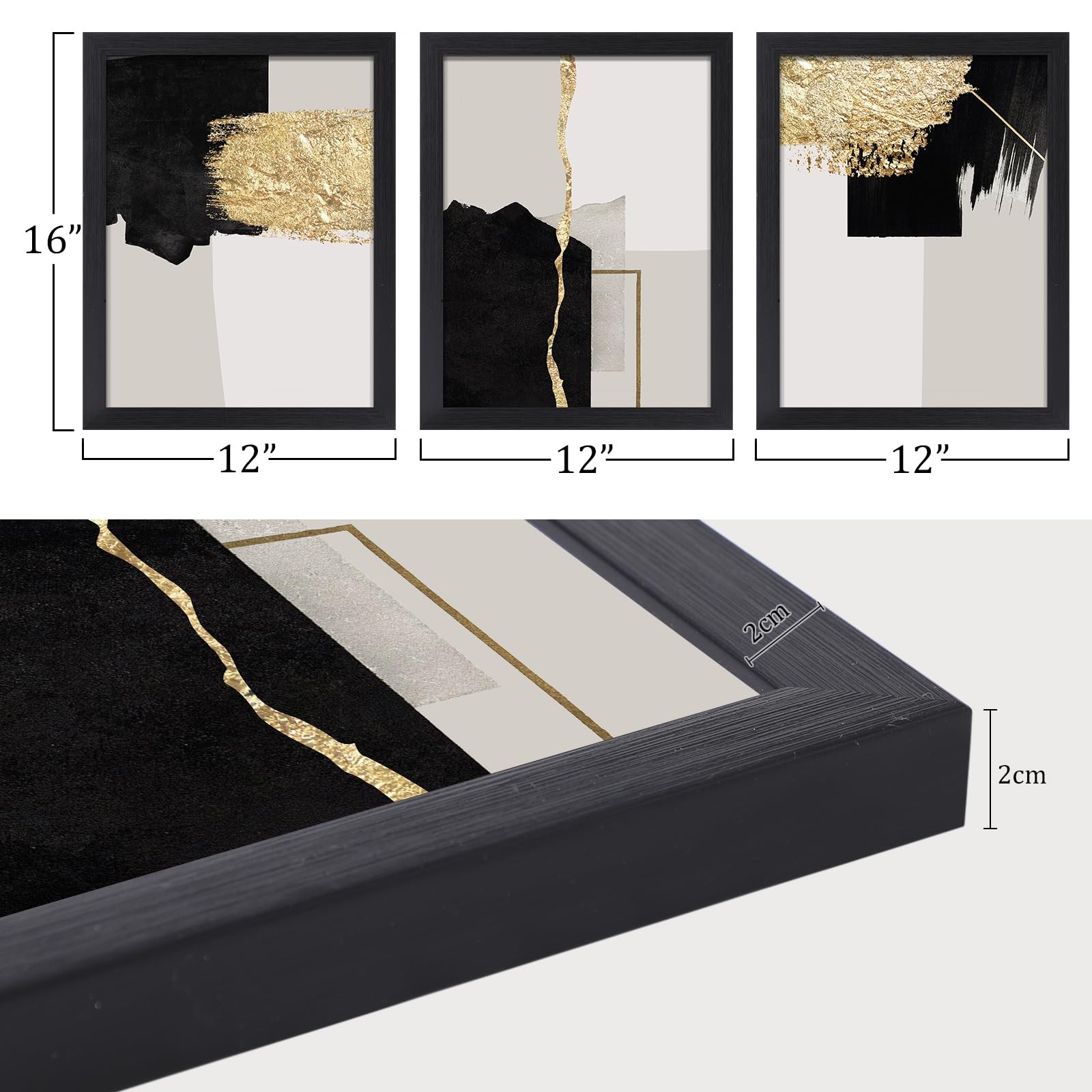 Set of 3 Abstract Canvas Wall Art Black and Gold Geometric Color Blocks Paint...