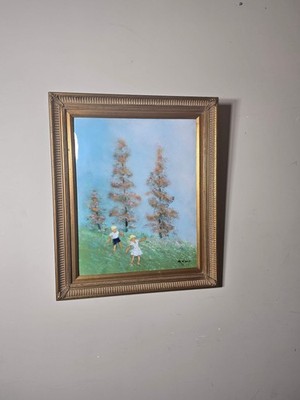 Vintage Max Karp enamel and copper 16'' X 20'' painting (children in playing field