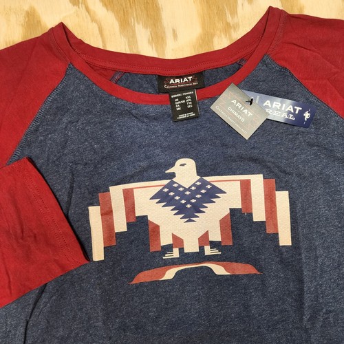 New ARIAT Thunderbird Chimayo Womens XXL 3/4 sleeve T-Shirt Red White Blue