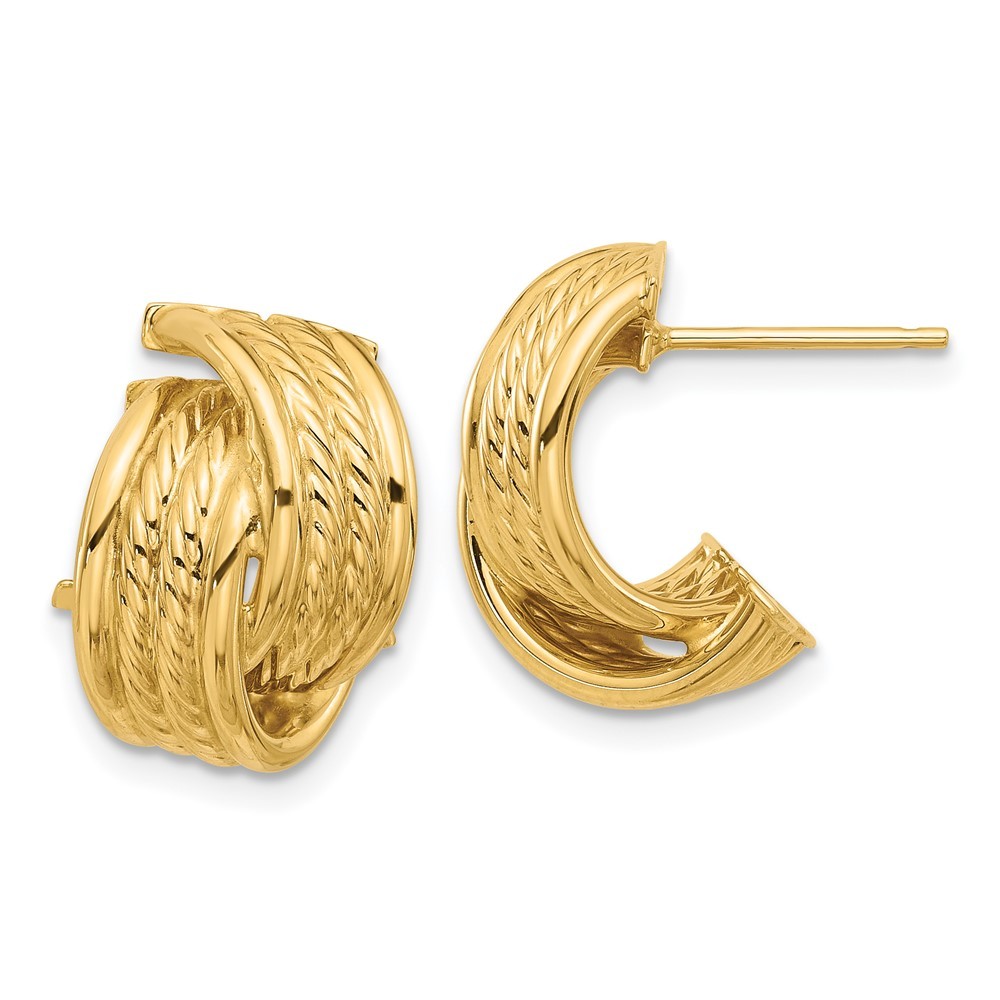 14K Yellow Gold Polished and Textured Twisted Post Hoop Earrings L-16.3 mm