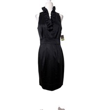 NWT Taylor Black Satin Ruffle Neck Sheath Dress Cocktail Party Nordstrom 4