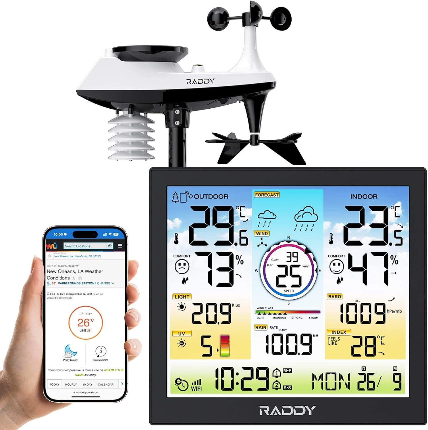Professional WiFi Weather Station with 7-in-1 Outdoor Sensor, Rain Gauge, Wind