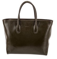 Furla Dark Brown/Green Leather Double Handle Square Satchel Top Handle Bag