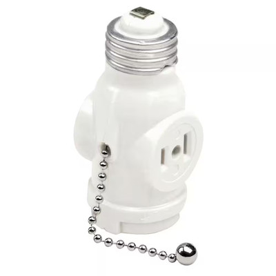 2-Outlet White Socket with Pull Chain   Durable Light Socket Adapter 1406-W