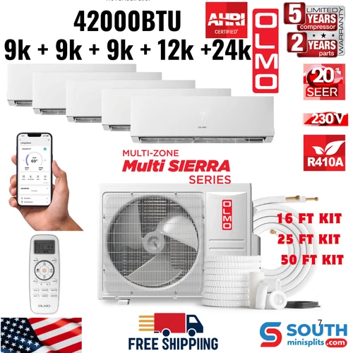 5 Zone OLMO Sierra 42,000 BTU Mini Split A/C & Heater, R410A, 9K+9K+9K+12K+24K