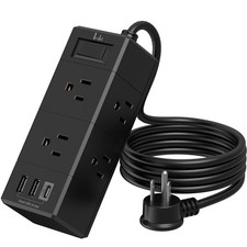 5Ft Extension Cord Flat Plug Power Strip - Tcstei 3-Side 5Ft/2U1C, Black