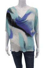 Halston Heritage Womens Silk Abstract Print One Shoulder Blouse Top Blue Size 4