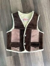 Vtg GENUINE LEATHER Suede Western Vest Youth Sz 4 Brown Sherpa Shearling Lined