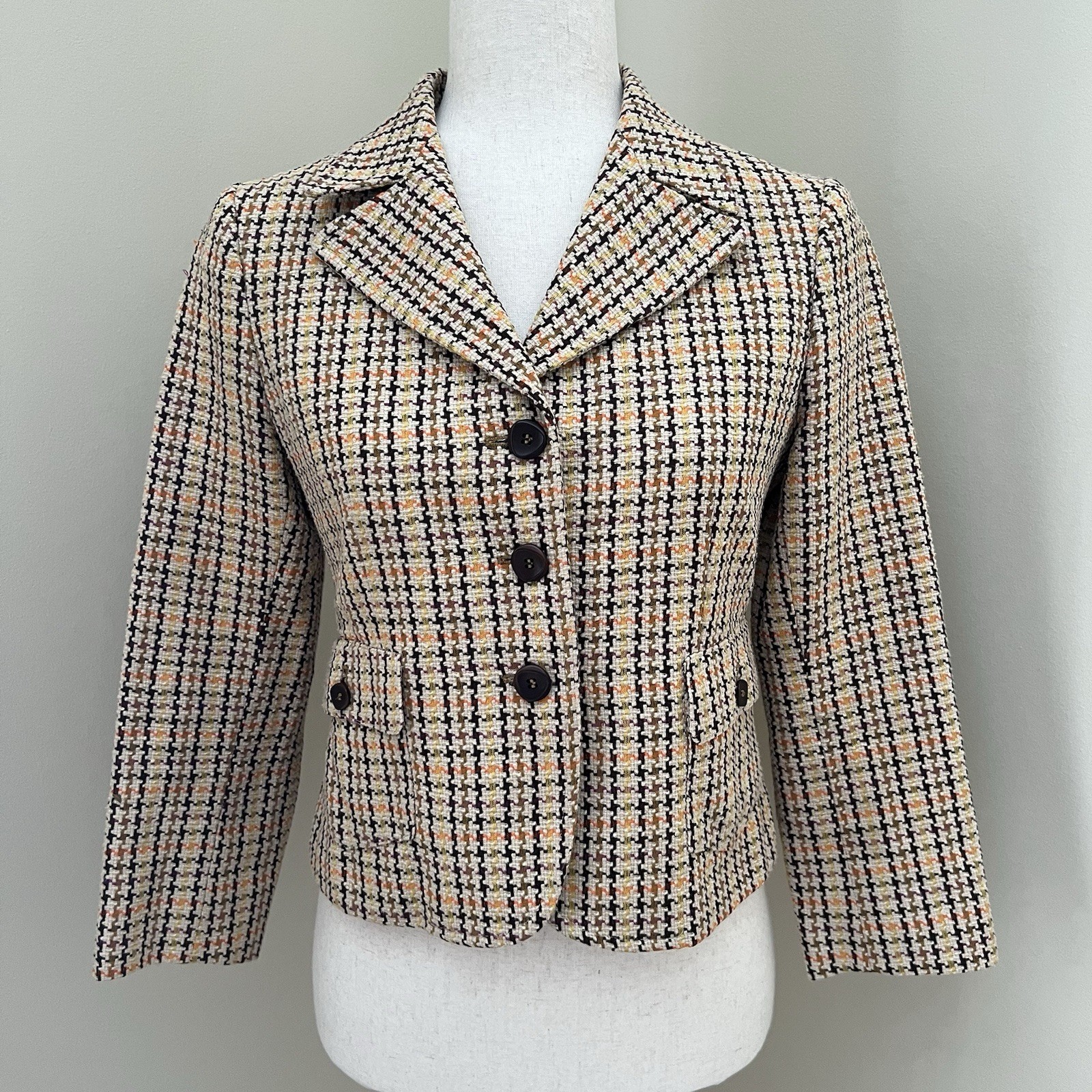 Cropped Womens Plaid Tweed Blazer Sz S Fall Colors Preppy Chic Career Office