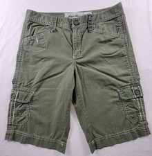 Y2K Eddie Bauer Women Army Green Canvas Cargo Shorts 12 Tall Mid Rise 13" Inseam