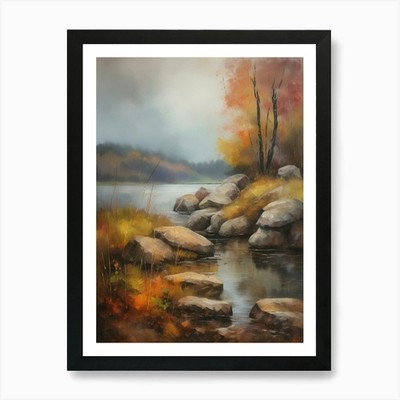 Herbstsee, Waldsee, Vintage Oi gerahmtes Wandbild Poster Leinwanddruck Bild