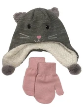 Toddler Girls Plush Gray Sparkle Mouse Beanie Trapper Hat & Mittens Set 2T-4T