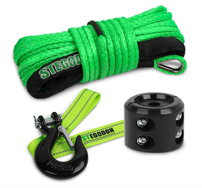 Synthetic Winch Rope, 1/4'' x 50ft with Forged Winch Hook, Rubber Stopper, Green