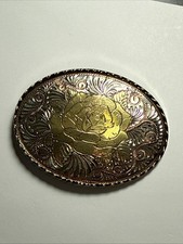 Vintage Western Rose Belt Buckle   Silver  Gold Tone Floral Design   USA Made