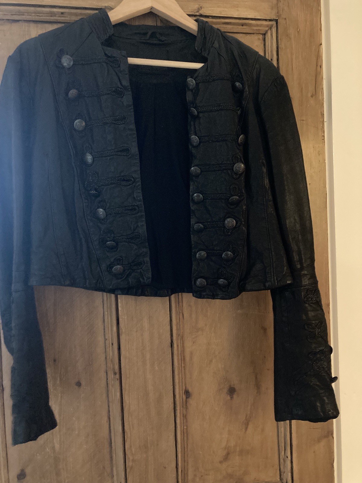 ALL SAINTS KARST BLACK LEATHER MILITARY JACKET, UK10 iconic Rare rock chic 