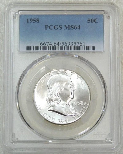 1958 P Franklin Half Dollar PCGS MS64 95% FBL White Frosty Luster PQ #T270Z