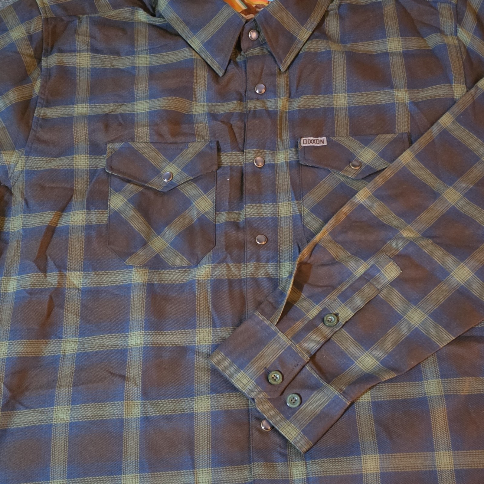 Dixxon The Cove Men's XL Plaid Flannel Shirt Blue Brown Green Button-Up