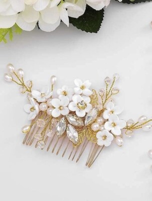 Braut Hochzeit Haarkamm Blume Gold Strass Funkelnd Kristall Braut Blattseite