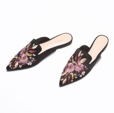 New Womens Pointy Toe Embroidery Floral Casual Mules Shoes Slippers Slides