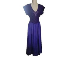Vintage nightgown dress Purple nylon satin lace maxi slip Cinema Etoile Small