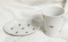 Unbranded Japan, White and Pink Rose Ceramic Soap Dish and Cup, Lot of 2