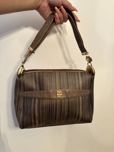 Vintage 1980s Givenchy Striped Beige Shoulder Bag Zip Purse Small Pouch-Issues!