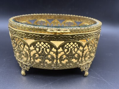 Vintage Ormolu Beveled Glass Filigree Oval Footed Trinket Box 6''x 4''x 3.25''