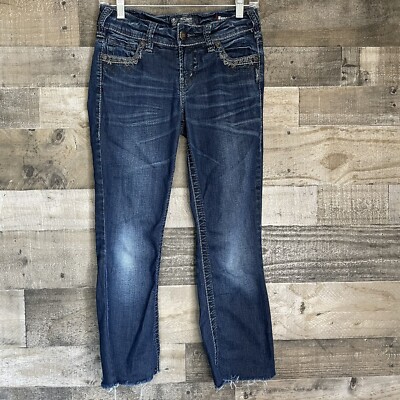 Silver Jeans Women 26 Dark Blue Denim Suki Bootcut Boot Mid Rise Cut Off Raw Hem