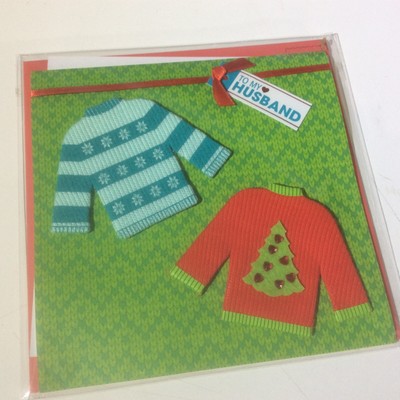 Papyrus 3D Sweater Card To Husband w/ Rhinestones Red Green Christmas Holidays