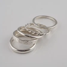 A Set of 5 Thin Silver Stack Handmade 925 Sterling Silver Rings For Men & Women.