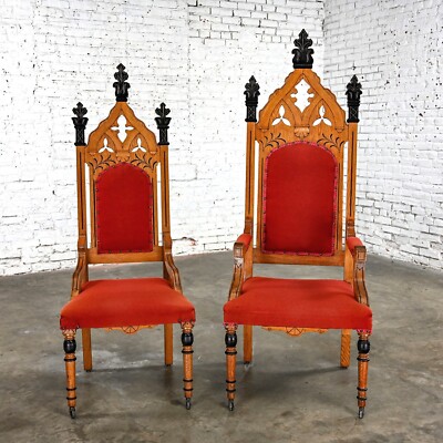 Old Victorian or Gothic Revival Ecclesiastical His Hers Throne Chairs a  Pair