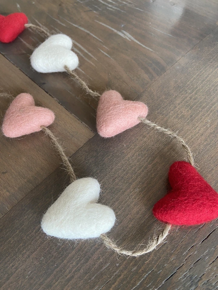 Felted Wool Hearts Garland-Red, Pink, White 4-foot Valentine Decor - Image 2 of 4