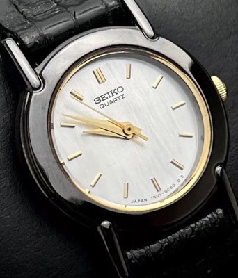 Vintage New 1991 SEIKO Womens 24mm Slim Quartz Watch Black Case White MOP Lizard