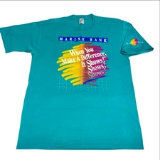 Vintage 1990s Puffy Print T-Shirt Sz Large Jerzees Tee Retro Marine Bank Teal